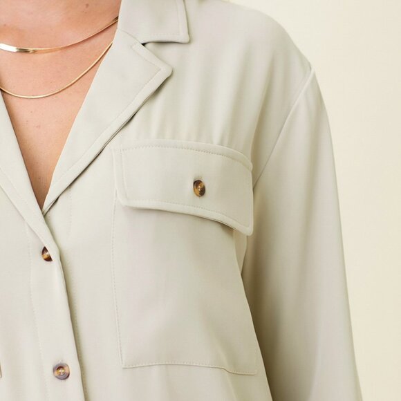 MYSTREE Beige Button Down Blouse, Long Sleeve Pocket Shirt Neutral Top - Picture 5 of 5